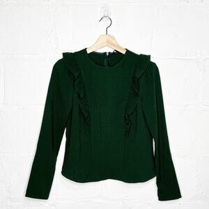 Zara Woman's Green Ruffled Long Sleeve Blouse Zipper Back Size Small